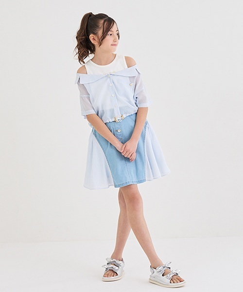 kate spade new york kids(ケイトスペードニューヨーク)の「ガールズ ストライプ切り替えデニムスカート(スカート・キッズ・サックスブルー・140cm/150cm/160cm)」の1枚目の写真