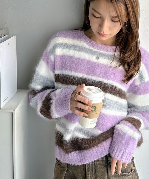 エポカ:紫色フリル モヘヤニットジャケット40 ジャギー セール】【mily bilet】カラフルミックスで視線釘付け。マルチボーダー