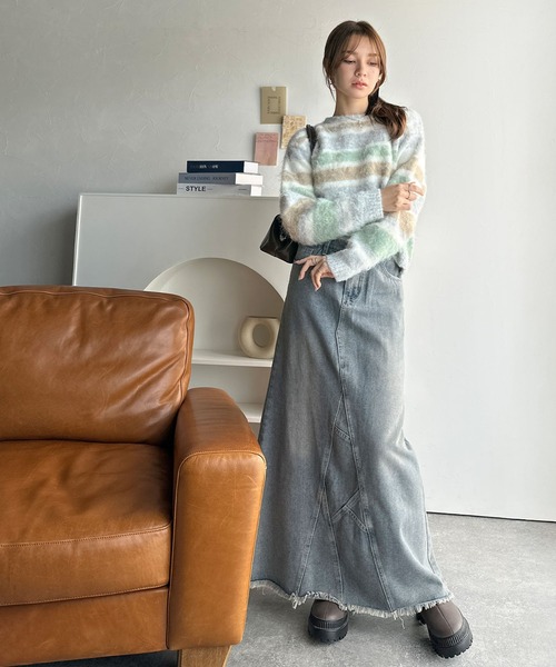 mily bilet(ミウィビレット)の「【mily bilet】カラフルミックスで視線釘付け。マルチボーダーシャギーニットプルオーバー(長袖)(ニット/セーター・レディース・アイボリー/ブルー/パープル・SMALL/MEDIUM/LARGE/X-LARGE)」の9枚目の写真