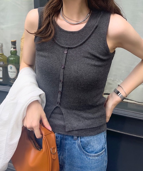 KOBE LETTUCE(コウベレタス)の「フェイクレイヤードニットタンク(ニット/セーター・レディース・ブラック/オフホワイト/チャコール・M)」の12枚目の写真