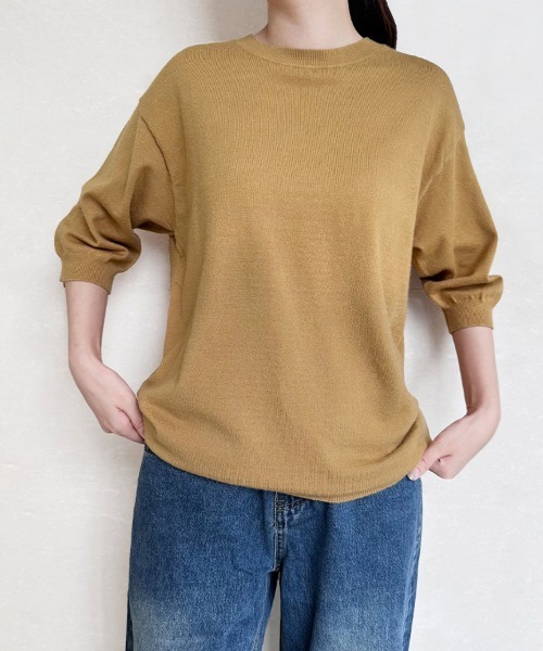 pleats ブラウン五分袖ニット セール】Vネック・ラウンドネックハイゲージ六分袖ニット