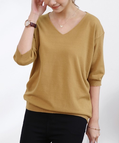 Unoa トップス　S Vネック・ラウンドネックハイゲージ六分袖ニットトップス