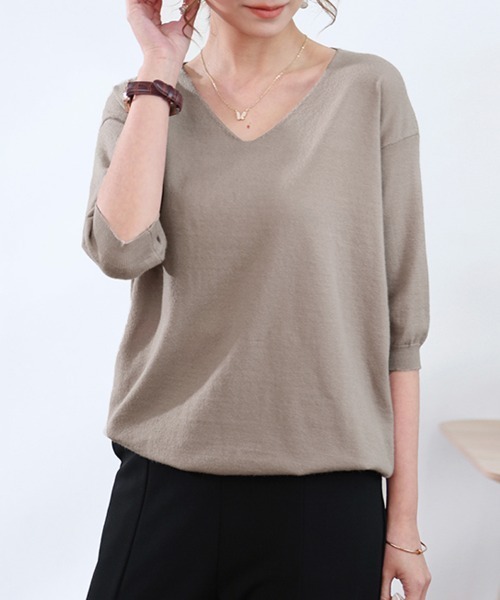 Unoa トップス　S Vネック・ラウンドネックハイゲージ六分袖ニットトップス