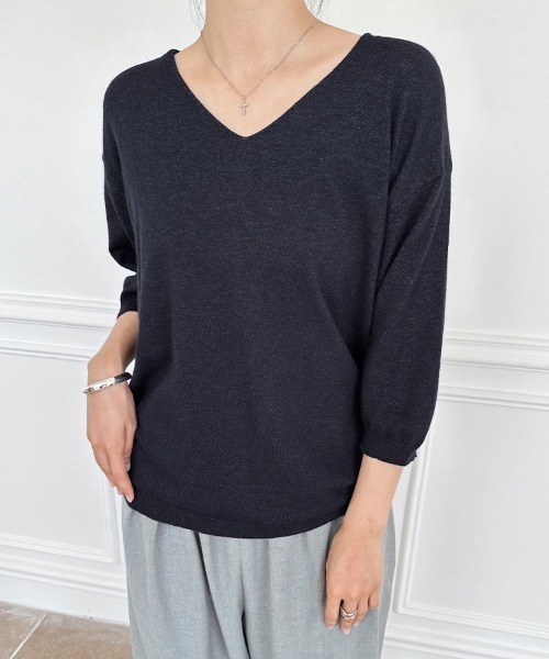 Vネック・ラウンドネックハイゲージ六分袖ニットトップス