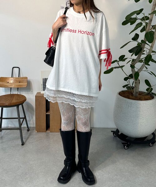 neutral】リボンスリーブレースレイヤードTシャツワンピ（T