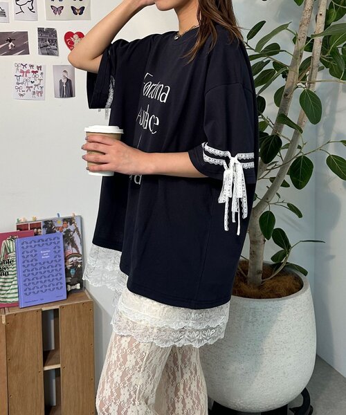 tシャツ 「neutral」リボンスリーブレースレイヤードTシャツワンピ レディース neutral】リボンスリーブレースレイヤードTシャツワンピ（T