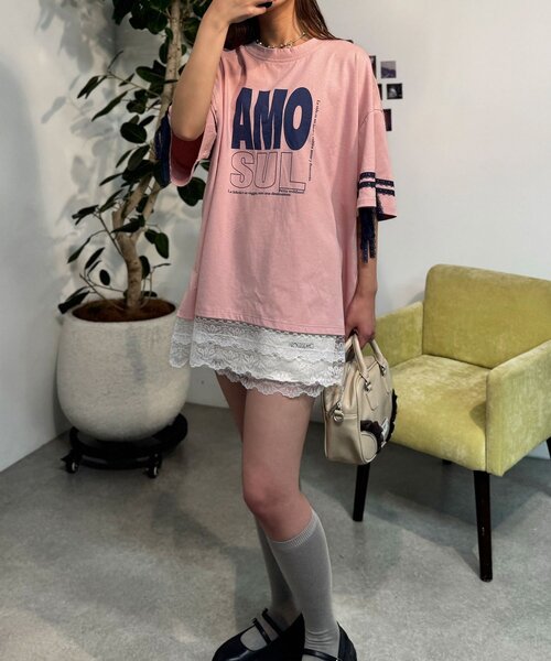 neutral】リボンスリーブレースレイヤードTシャツワンピ（T