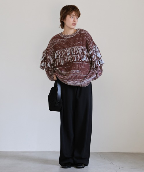 select MOCA（セレクトモカ）の「クルーネックミックスフリンジニットトップス（ニット/セーター・レディース・チャコールグレー/ブラウン/ライトグレー・FREE）」の6枚目の写真