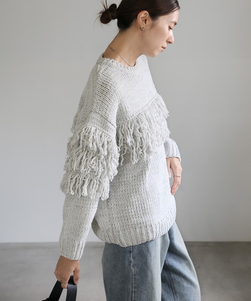 select MOCA（セレクトモカ）の「クルーネックミックスフリンジニットトップス（ニット/セーター・レディース・チャコールグレー/ブラウン/ライトグレー・FREE）」の20枚目の写真