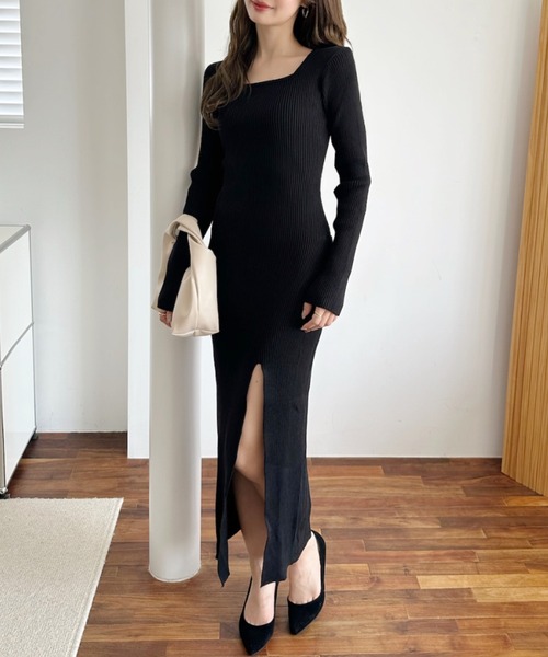 セール】スクエアネック フロント スリット 長袖 ニットワンピース