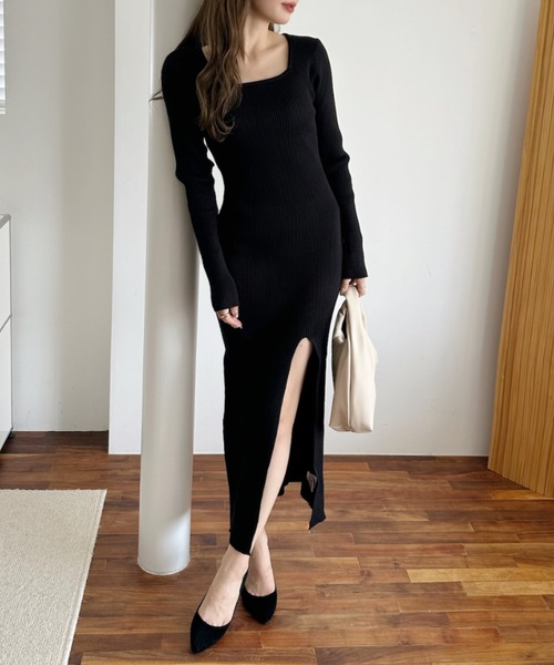 セール】スクエアネック フロント スリット 長袖 ニットワンピース