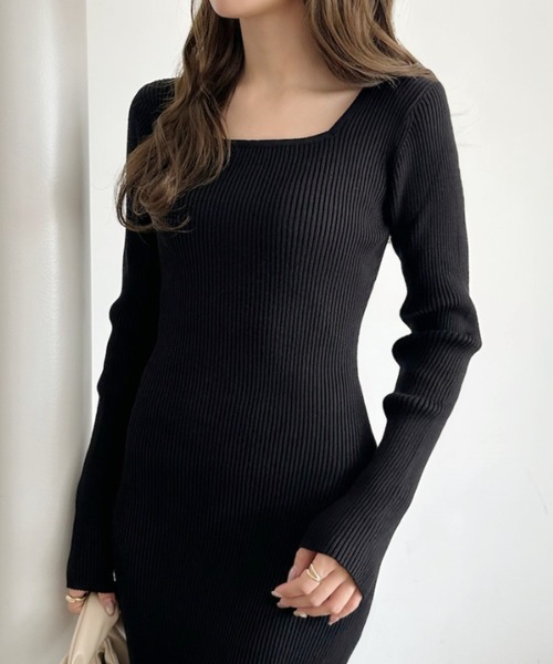 セール】スクエアネック フロント スリット 長袖 ニットワンピース