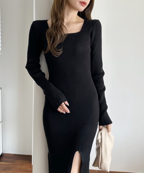 セール】スクエアネック フロント スリット 長袖 ニットワンピース