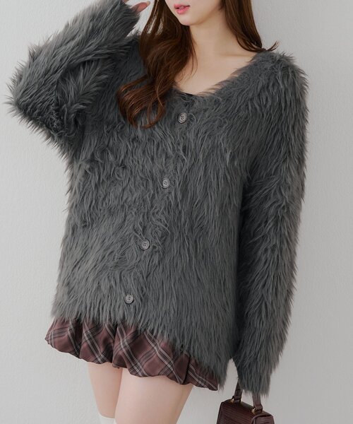 continuer de NICE CLAUP（コンティニューデナイスクラップ）の「フェザーBIGカーディガン（カーディガン/ボレロ・レディース・ベージュ/ピンク/オフホワイト/チャコールグレー・FREE）」の3枚目の写真