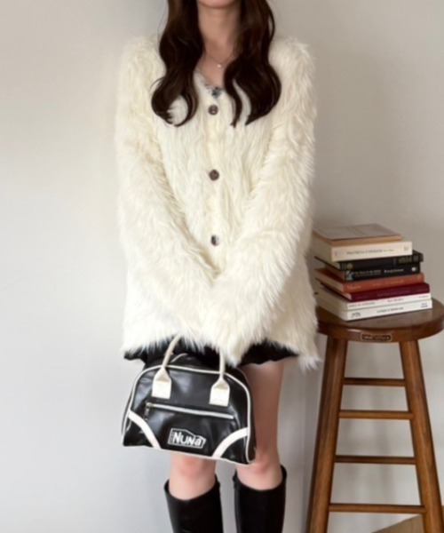 continuer de NICE CLAUP（コンティニューデナイスクラップ）の「フェザーBIGカーディガン（カーディガン/ボレロ・レディース・ベージュ/ピンク/オフホワイト/チャコールグレー・FREE）」の13枚目の写真