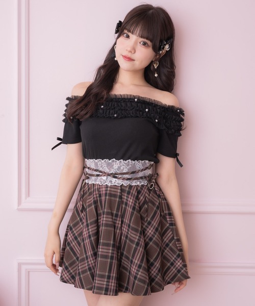クロスローズ合皮スカート(サンプル品) XSサイズあり【Glossy/グロッシー】長袖/ オフショル/ 紐リボン