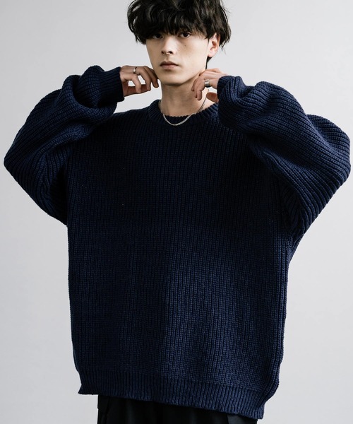 Rocky Monroe(ロッキーモンロー)の「オーバーサイズ畦編みクルーネックニットセーター(ニット/セーター・メンズ・グリーン/ワイン/オフホワイト/ブラウン/ネイビー・L/XL/M)」の4枚目の写真