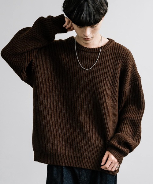 Rocky Monroe(ロッキーモンロー)の「オーバーサイズ畦編みクルーネックニットセーター(ニット/セーター・メンズ・グリーン/ワイン/オフホワイト/ブラウン/ネイビー・L/XL/M)」の2枚目の写真