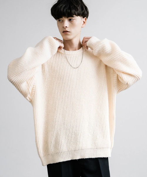 セール】オーバーサイズ畦編みクルーネックニットセーター