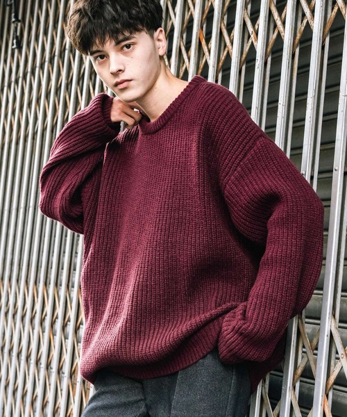 Rocky Monroe(ロッキーモンロー)の「オーバーサイズ畦編みクルーネックニットセーター(ニット/セーター・メンズ・グリーン/ワイン/オフホワイト/ブラウン/ネイビー・L/XL/M)」の5枚目の写真