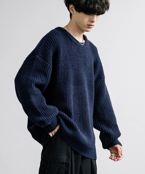 Rocky Monroe(ロッキーモンロー)の「オーバーサイズ畦編みクルーネックニットセーター(ニット/セーター・メンズ・グリーン/ワイン/オフホワイト/ブラウン/ネイビー・L/XL/M)」の6枚目の写真