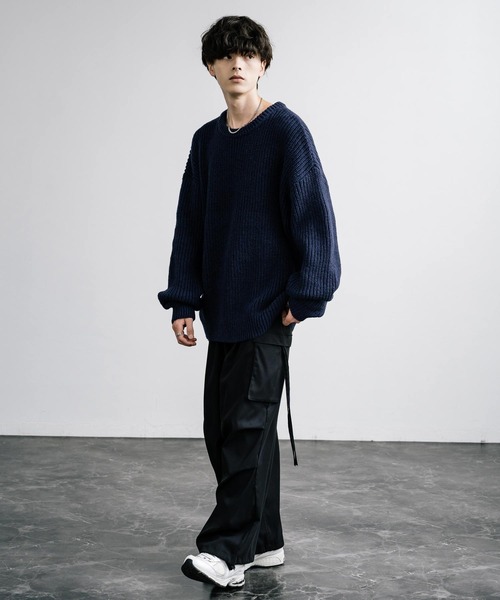 Rocky Monroe(ロッキーモンロー)の「オーバーサイズ畦編みクルーネックニットセーター(ニット/セーター・メンズ・グリーン/ワイン/オフホワイト/ブラウン/ネイビー・L/XL/M)」の7枚目の写真