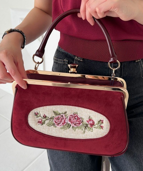 フレームローズ刺繍クロップドがま口バッグ/fint フィント