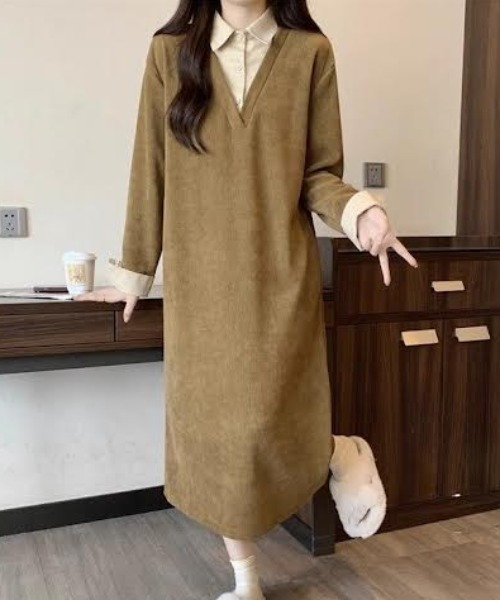 cammie(キャミー)の「シャツドッキングワンピース(ワンピース・レディース・ベージュ/ブラウン/ブラック・M/L)」の1枚目の写真