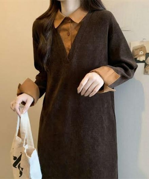cammie(キャミー)の「シャツドッキングワンピース(ワンピース・レディース・ベージュ/ブラウン/ブラック・M/L)」の3枚目の写真