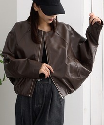 ADDITION STORE(AfBVXgA)(gh̃V[gAChVGbg) ܖ ChVGbg tFCN U[WPbg(炵m[J[Ah}X[ufUC) / No Collar Wide Silhouette Faux Leather Jacket(C_[XWPbg)
