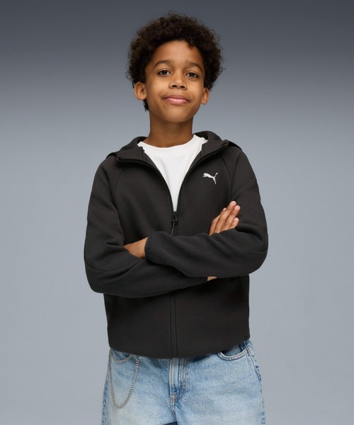 PUMA(プーマ)の「PUMA プーマ ボーイズ エヴォストライプ フルジップ フーディ 120-160cm(パーカー・キッズ・ブラック/サックスブルー・150/160/130/140/120)」の1枚目の写真