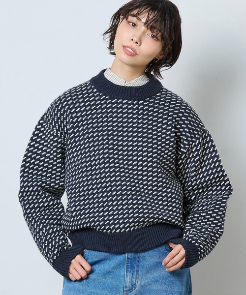 A15171 エルエルビーン　バーズアイモックネックローゲージニット　紺　XS JAPAN EDITION】ウェイン・セーター・バーズアイ（ニット