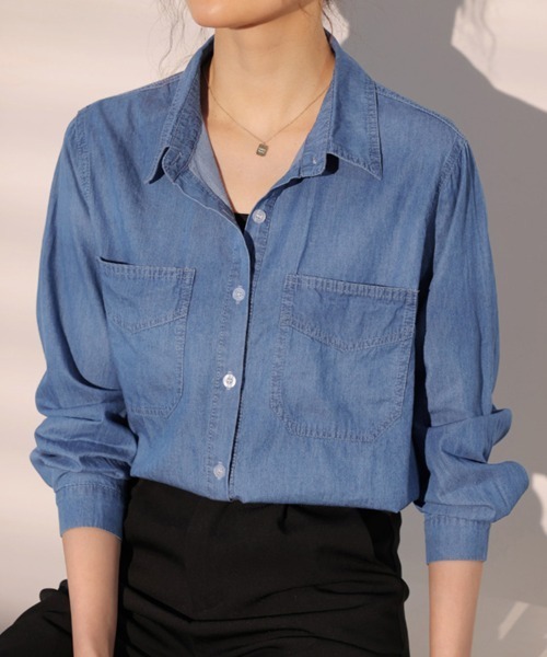 ReRe（リリ）の「コットン混デニムシャツ（シャツ/ブラウス・レディース・ライトブルー/ダークブルー・MEDIUM/LARGE/X-LARGE）」の10枚目の写真