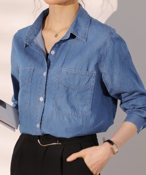 ReRe（リリ）の「コットン混デニムシャツ（シャツ/ブラウス・レディース・ライトブルー/ダークブルー・MEDIUM/LARGE/X-LARGE）」の11枚目の写真