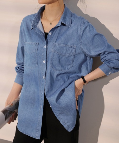 ReRe（リリ）の「コットン混デニムシャツ（シャツ/ブラウス・レディース・ライトブルー/ダークブルー・MEDIUM/LARGE/X-LARGE）」の12枚目の写真