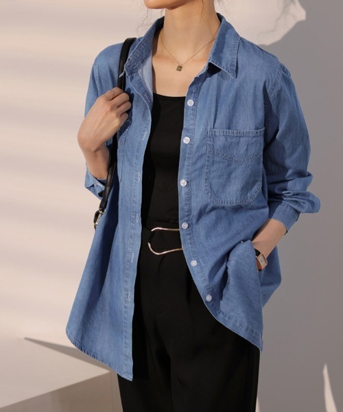 ReRe（リリ）の「コットン混デニムシャツ（シャツ/ブラウス・レディース・ライトブルー/ダークブルー・MEDIUM/LARGE/X-LARGE）」の13枚目の写真