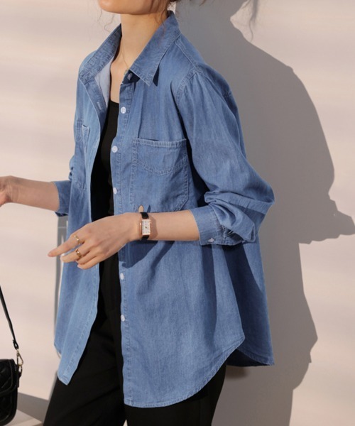 ReRe（リリ）の「コットン混デニムシャツ（シャツ/ブラウス・レディース・ライトブルー/ダークブルー・MEDIUM/LARGE/X-LARGE）」の14枚目の写真