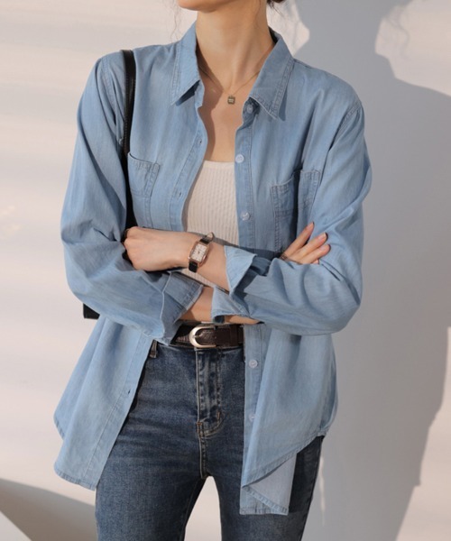 ReRe（リリ）の「コットン混デニムシャツ（シャツ/ブラウス・レディース・ライトブルー/ダークブルー・MEDIUM/LARGE/X-LARGE）」の19枚目の写真