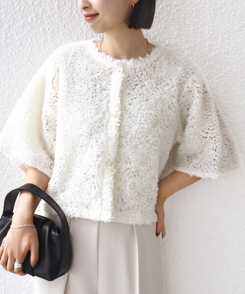 little black:〈手洗い可能〉パール 釦 フリル チュール 半袖 ブラウス