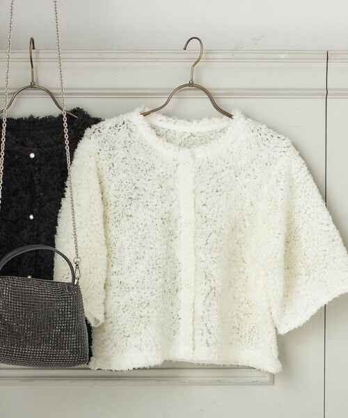 シップス（SHIPS）/little black:〈手洗い可能〉パール 釦 フリル チュール 半袖 ブラウス little black:〈手洗い可能〉パール 釦 フリル チュール 半袖 ブラウス