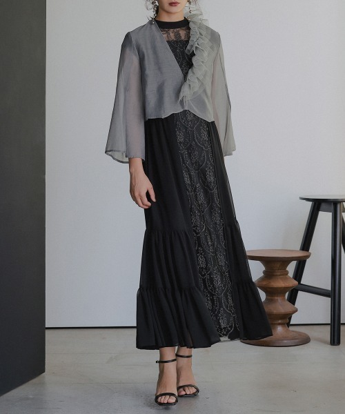 Callarus(カラルス)の「<単品>取り外しチュールフリルデザインシアーボイル袖スリット2WAYボレロジャケット〔Callarus〕(ノーカラージャケット・レディース・グレー/ブラック・L/LL/3L/M/S)」の10枚目の写真