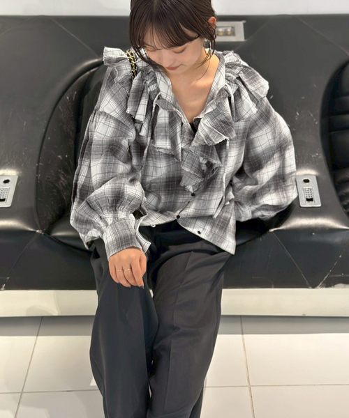 希少‼️crinkle crinkle crinkles ネルチェックラッフルBL crinkle crinkle crinkle SLOBE別注 ネルチェックラッフルブラウス CC