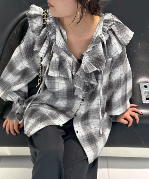 crinkle crinkle crinkle SLOBE別注 ネルチェックラッフルブラウス CC