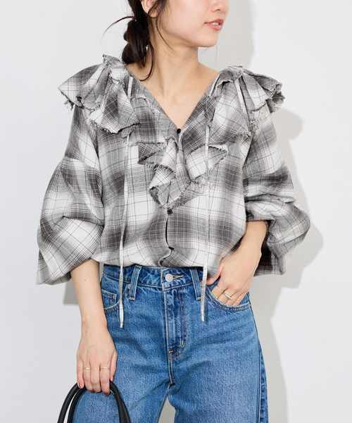 crinkle crinkle crinkle SLOBE別注 ネルチェックラッフルブラウス CC