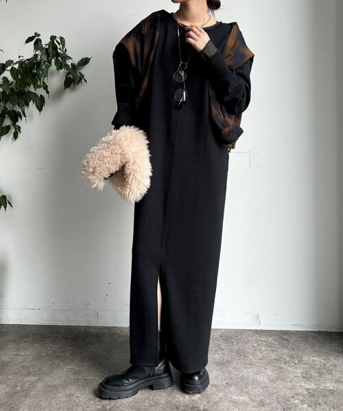 DouDou（ドゥドゥ）の「ブークレーダンボールロングスリーブワンピース（ワンピース・レディース・ブラック/ライトベージュ/ブラウン/モカ・FREE/TM）」の6枚目の写真