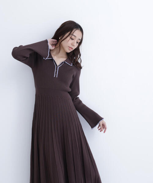 ◇スキッパーバイカラーニットワンピース（ワンピース）｜NATURAL