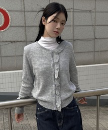 ラウンドネックアシメフリルソフトニットカーディガン