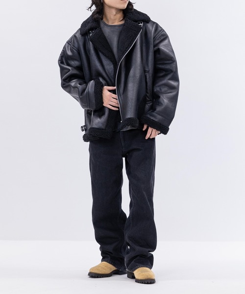 13】ヴィンテージ加工 フェイクムートン ダブルジャケット（ムートン