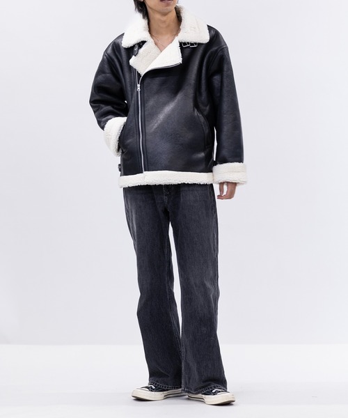 JOHN'S CLOSET（ジョンズクローゼット）の「【13】ヴィンテージ加工 フェイクムートン ダブルジャケット（ムートンコート・メンズ・ブラック系2/ブラック系1・MEDIUM/LARGE）」の10枚目の写真