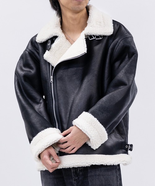 JOHN'S CLOSET（ジョンズクローゼット）の「【13】ヴィンテージ加工 フェイクムートン ダブルジャケット（ムートンコート・メンズ・ブラック系2/ブラック系1・MEDIUM/LARGE）」の7枚目の写真